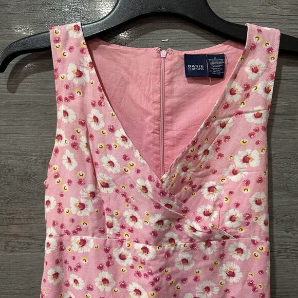 Basic Editions Dress Pink Floral Daisy Dress Size 6 Linen Zip Back Tie Waist - Picture 3 of 9